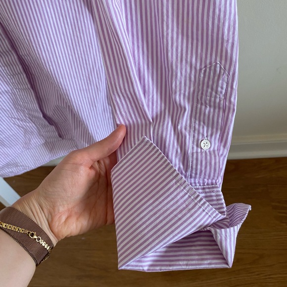 Scanlan Theodore | Striped Lilac Collarless Long Sleeve Cuffed Shirt - Picture 6 of 7